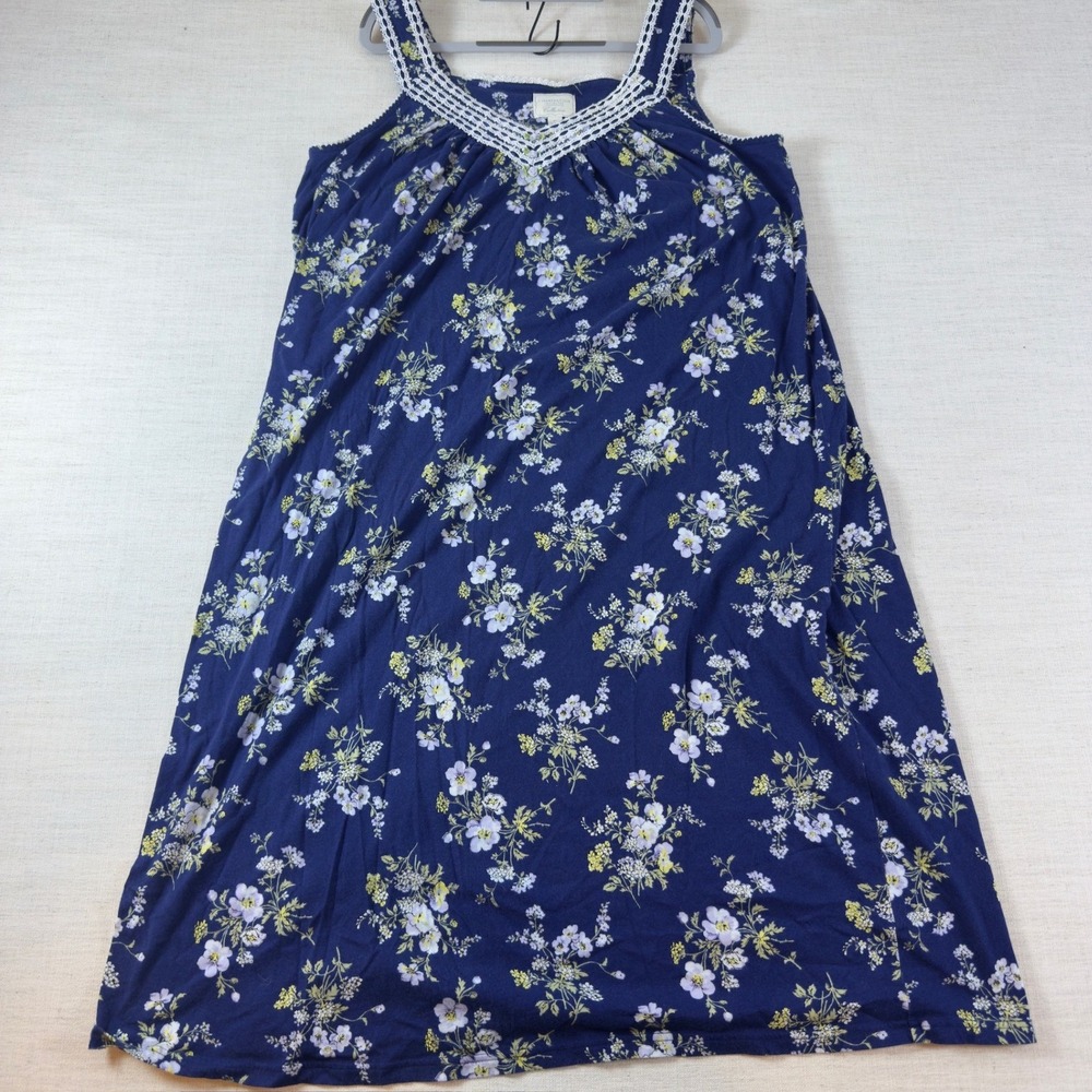 Charter Club Nightgown Womens XL Navy Floral Cotton Lace Cottagecore Sleeveless